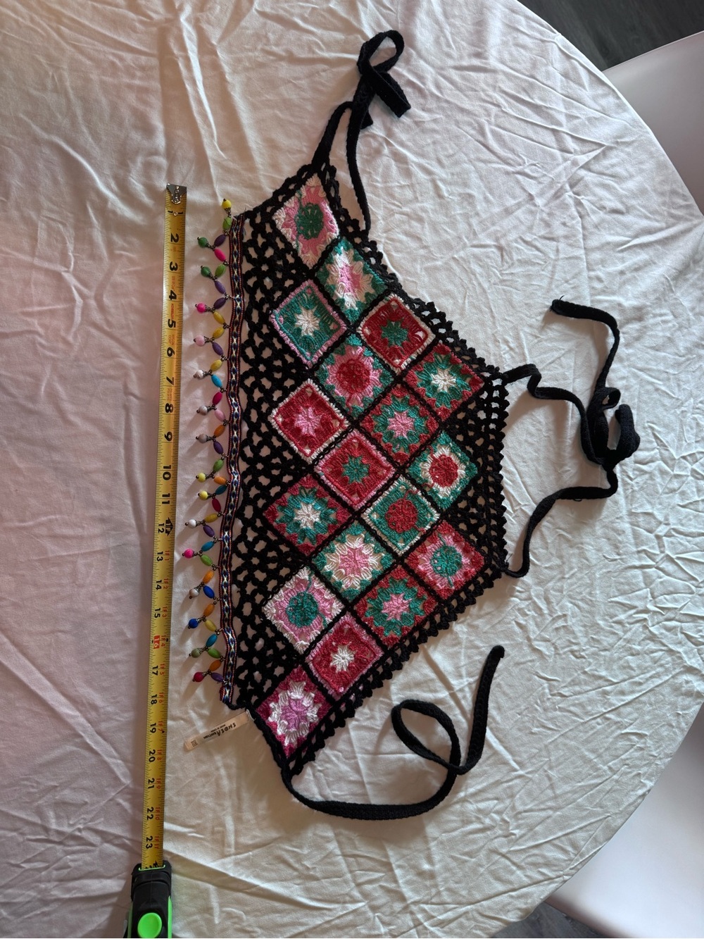 India Boutique Black Crochet Granny Square Halter Top with Bead Accents
